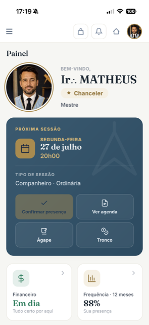 Painel do SYSMESTRE: próxima sessão, confirmação de presença, Ágape, Tronco, financeiro e frequência